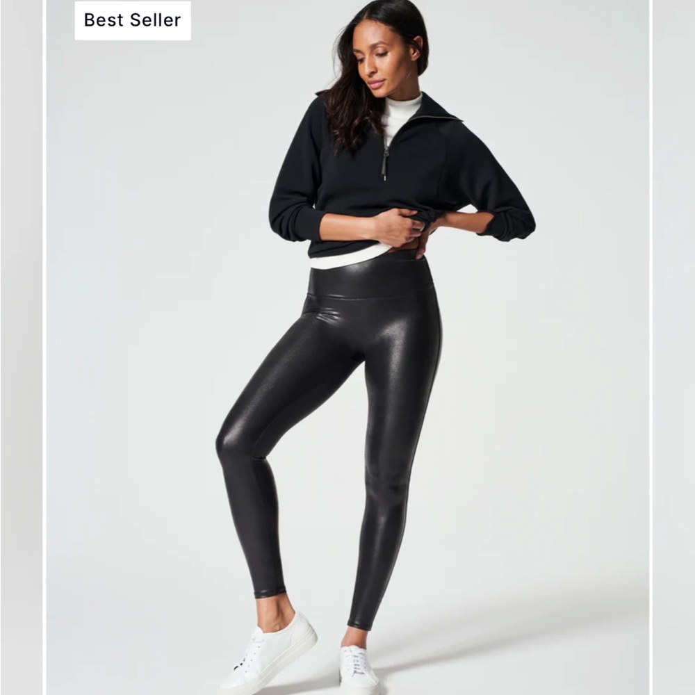 Spanx Faux Leather Tummy Control Leggings- size L Petite